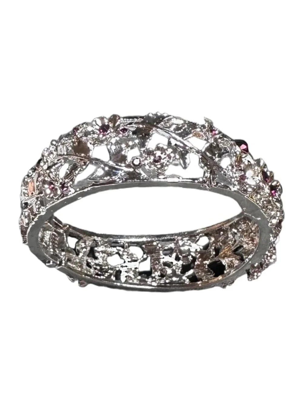 Hinged Bangle Bracelet Clamper Silver Tone Floral Filigree Purple Rhinestone